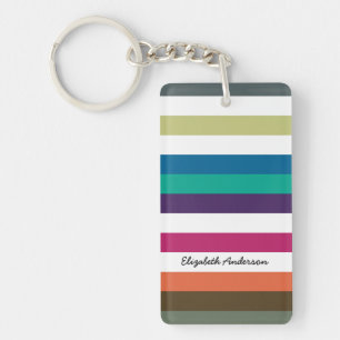 Girly Bold Rainbow Big Horizontal Stripes and Name Key Ring