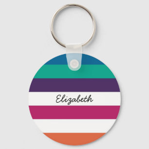 Girly Bold Rainbow Big Horizontal Stripes and Name Key Ring