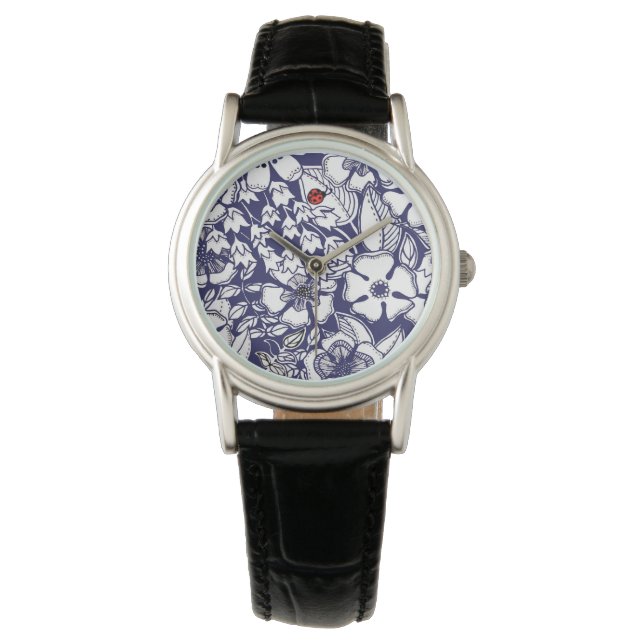 Girly Botanical Shalom Blue White Garden Drawing Watch (Front)
