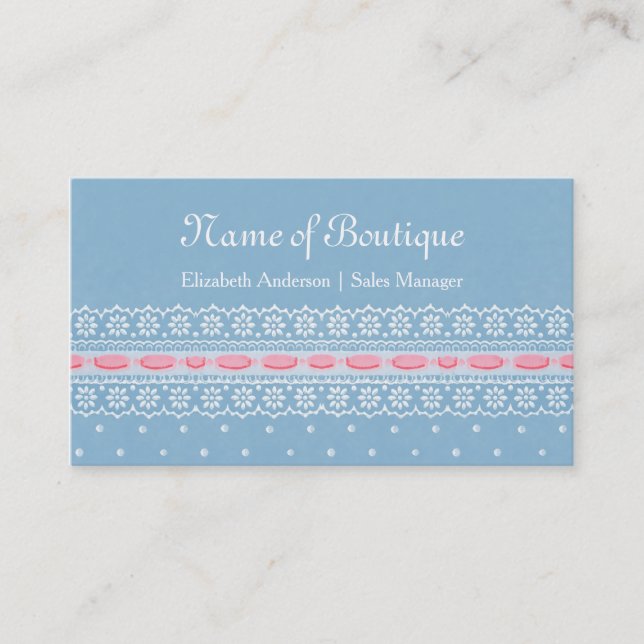 Girly Boutique Blue Polka Dots Pink Ribbon Lace Business Card (Front)
