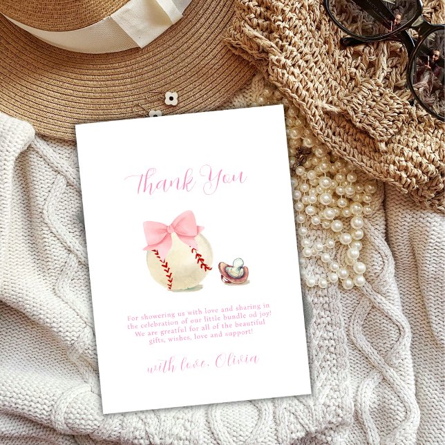 Girly Bow Pacifier Baseball Sport Baby Shower Thank You Card (Girly Bow Pacifier Baseball Sport Baby Shower Thank You Card)