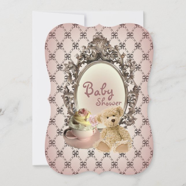 girly bows teddy bear baby shower invitations (Front)