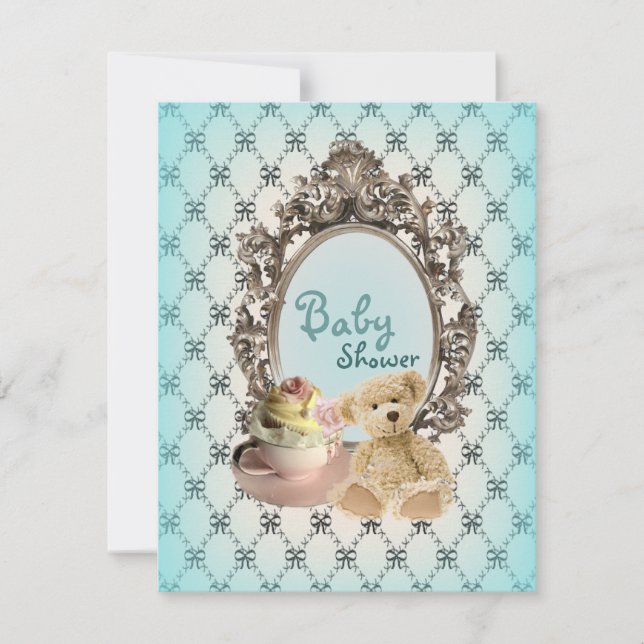 girly bows teddy bear baby shower invitations (Front)
