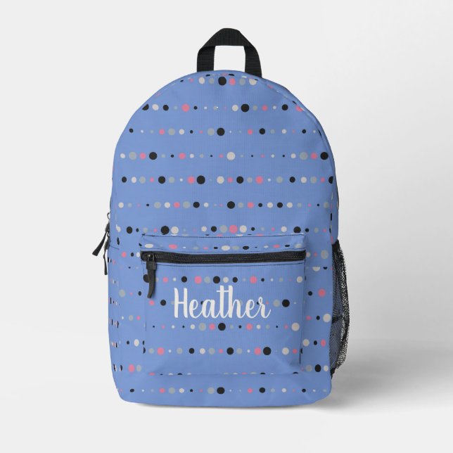 Girly Bright Blue Polka Dots Monogram Name Printed Backpack (Front)