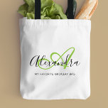 Girly Bright Green Elegant Script Name Monogram Tote Bag<br><div class="desc">Personalise your beautiful monogrammed white Grocery Tote Bag! The text below may be personalised to your preferred sentence or even your full name; you can also delete it if you prefer. If you need help, please let us know at belytaliarecipes@gmail.com, and we will be glad to assist you. © Belytalia...</div>