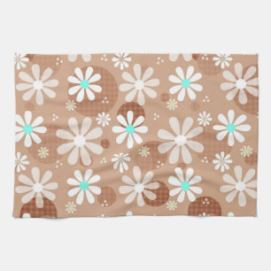 Girly Brown Daisy Flower Pattern Cute Aqua Dots Tea Towel