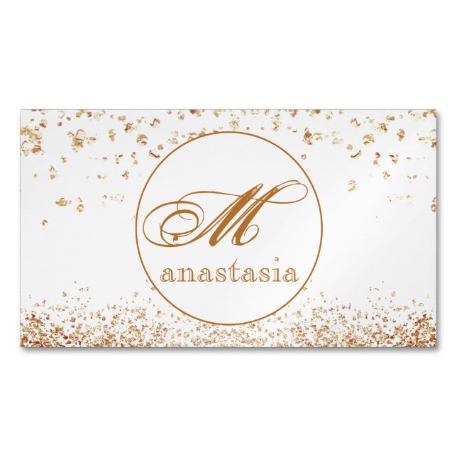 Girly Brownish Glittery Luxury Monogram Salon Magnetic Business Card (Front)