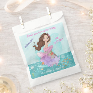 Girly Brunette Mermaid Birthday Thank You Favour Bag