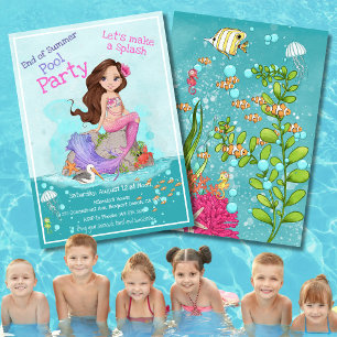 Girly Brunette Pink Mermaid Summer Pool Party  Invitation