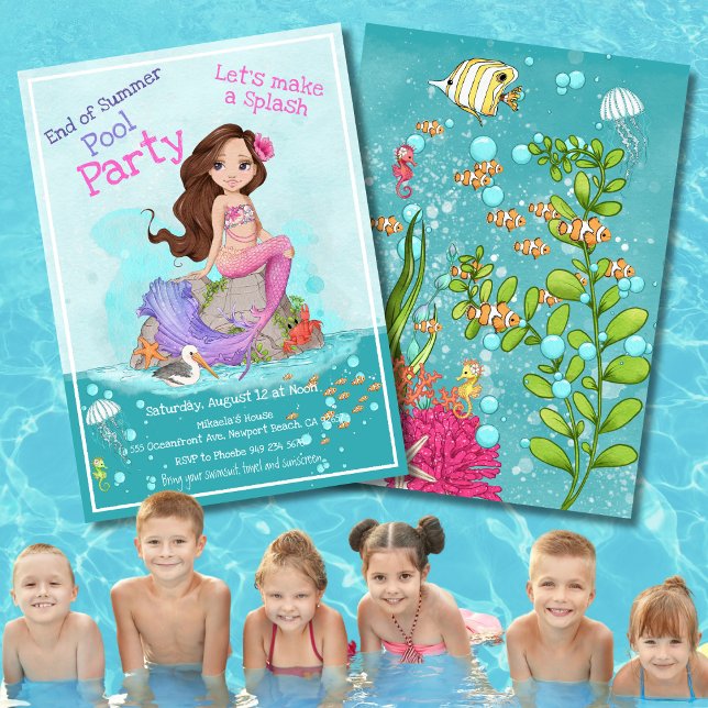 Girly Brunette Pink Mermaid Summer Pool Party  Invitation (Creator Uploaded)
