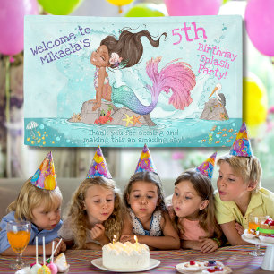 Girly Brunette Tan Turquoise Pink Mermaid Birthday Banner
