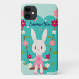 Girly Bunny Illustration First Name with Blue Text iPhone 11 Case