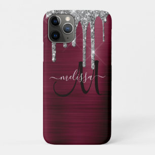 Girly Burgundy Brushed Metal Dripping Glitter Name iPhone 11 Pro Case