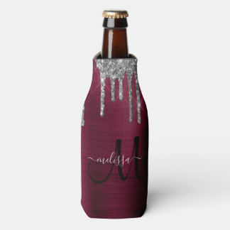 Girly Burgundy Dripping Glitter Brush Metal Name Bottle Cooler