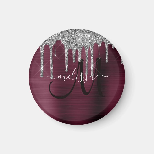 Girly Burgundy Dripping Glitter Brush Metal Name Magnet (Front)