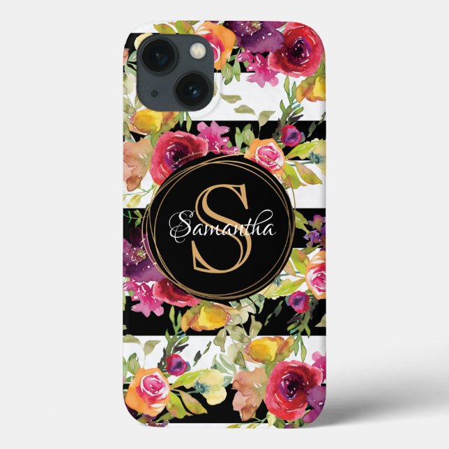 Girly Burgundy Floral Pattern Stripe Monogram Name Case-Mate iPhone Case (Back)