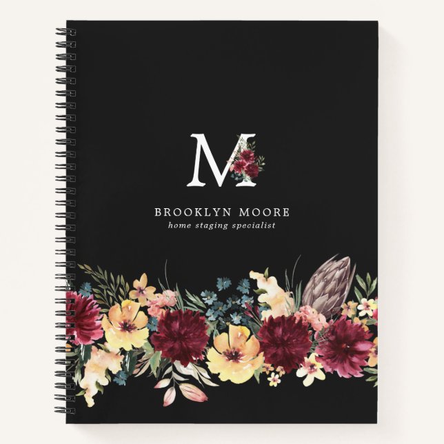 Girly Burgundy Floral Watercolor Boho Monogram Notebook (Front)