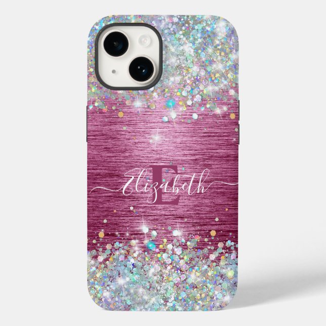 Girly Burgundy Holographic Faux Glitter Monogram Case-Mate iPhone Case (Back)