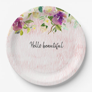 Girly Burgundy Pink Watercolor Floral Animal Print Paper Plate