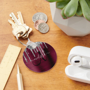 Girly Burgundy Silver Dripping Glitter Metallic Key Ring