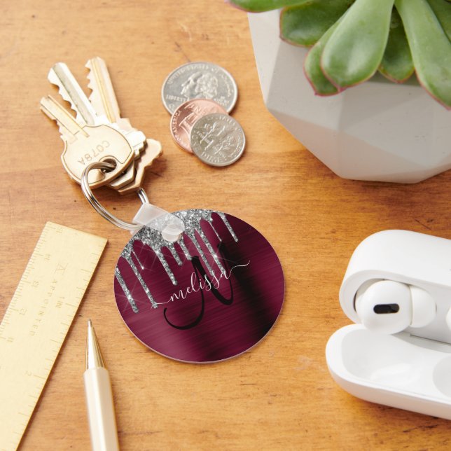 Girly Burgundy Silver Dripping Glitter Metallic Key Ring (Desk)
