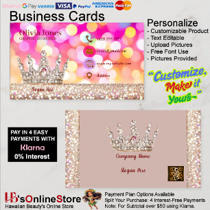 Girly Business Trendy Glitter Elegant Crown QRCode Business Card