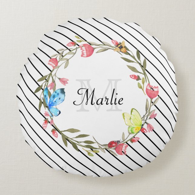 Girly Butterfly Floral Thin Black Stripes and Name Round Cushion (Front)