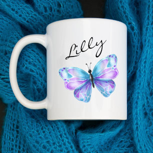 Girly Butterfly Script Monogram Name  Coffee Mug