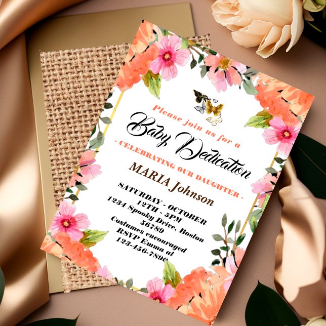 Girly Butterfly Watercolor Floral Baby Dedication  Invitation (Creator Uploaded)