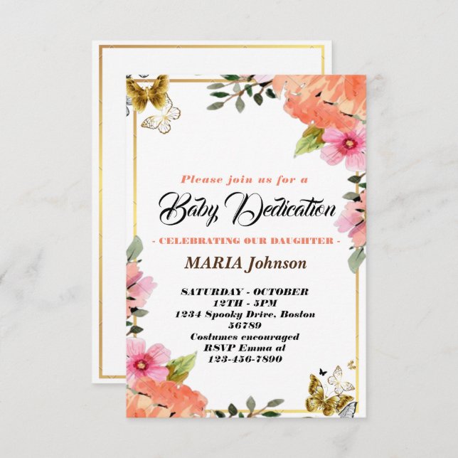 Girly Butterfly Watercolor Floral Baby Dedication  Invitation (Front/Back)