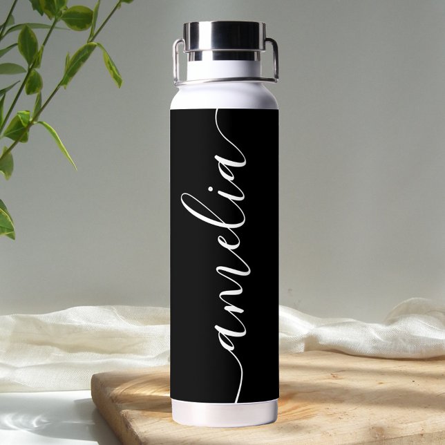 Girly Calligraphy Modern Black Water Bottle (Creator Uploaded)