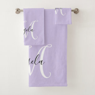 Girly Calligraphy Monogram Pale Lavender Bath Towel Set