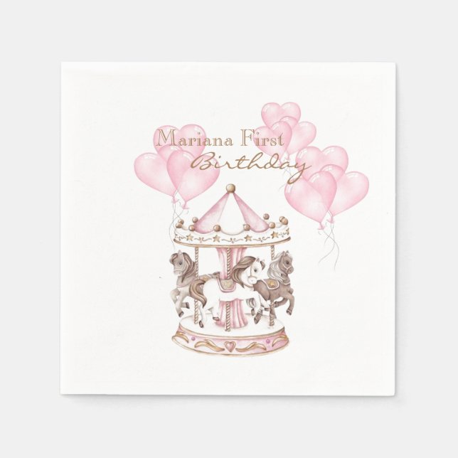 Girly Carousel Pink Unicorn First Birthday Napkin (Front)