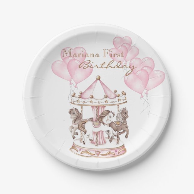 Girly Carousel Pink Unicorn First Birthday Paper Plate (Front)