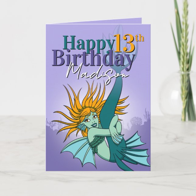 Girly Cartoon Mermaid Purple Green 13th Birthday Card (Front)