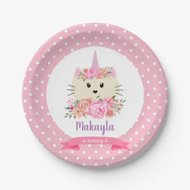 Girly Cat Unicorn Caticorn Meowgical Birthday Paper Plate (Front)