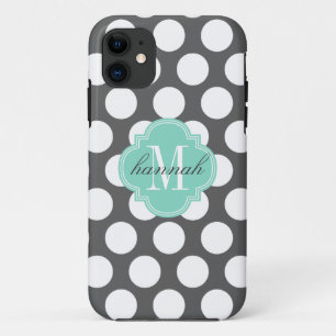 Girly Charcoal & Aqua Big Dots Monogrammed iPhone 11 Case