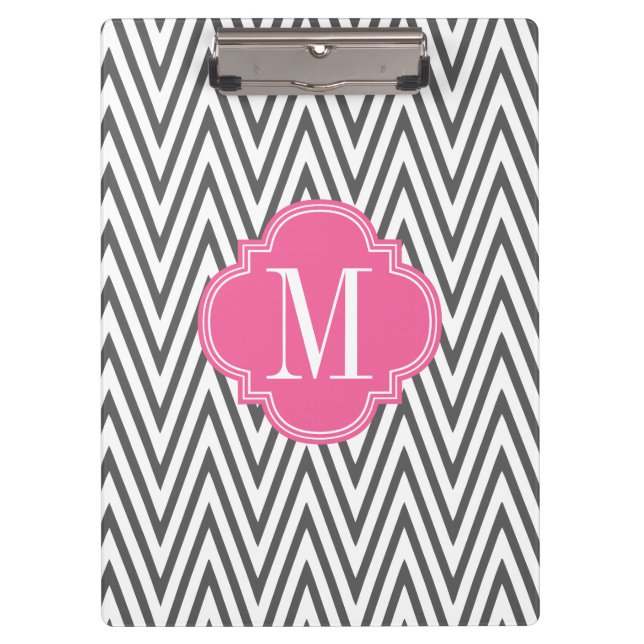 Girly Charcoal & Pink Chevron Stripes Custom Clipboard (Front)