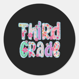 Girly Chequered Floral Third Grade Back To School Classic Round Sticker