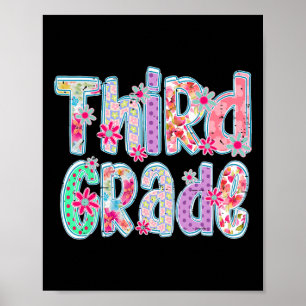 Girly Chequered Floral Third Grade Back To School Poster