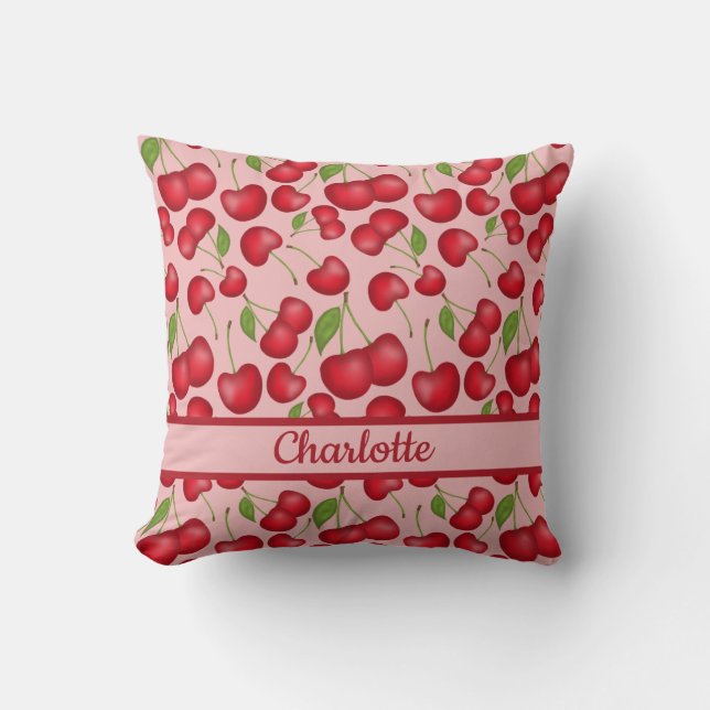 Girly Cherries pattern pink with personalise name Cushion (Front)