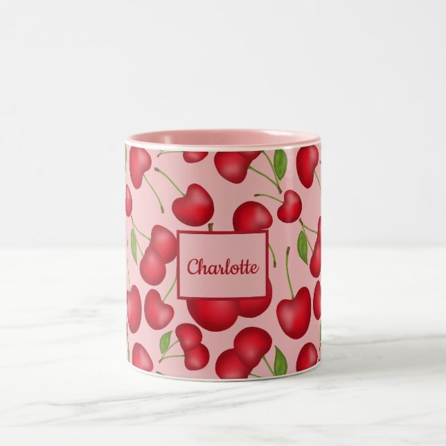 Girly Cherries pattern pink with personalise name Two-Tone Coffee Mug (Center)