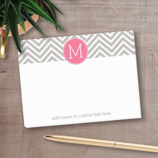 Girly Chevron Pattern with Monogram - Pink Grey Post-it Notes (Personalized post-it notes with an area to add your name or other text)