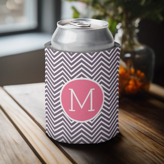 Girly Chevron Pattern with Monogram - Pink Purple Can Cooler (Celebrate with a personalized can cooler - add your name or monogram. Great party favor or gift)
