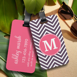 Girly Chevron Pattern with Monogram - Pink Purple Luggage Tag