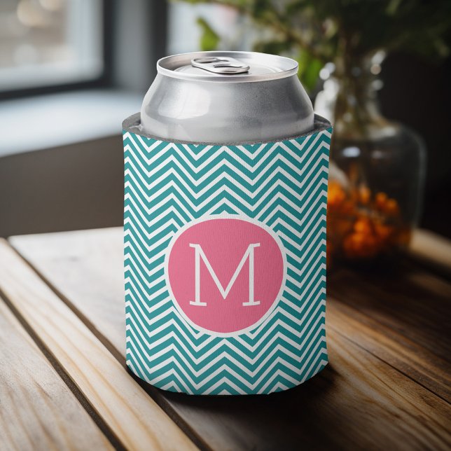 Girly Chevron Pattern with Monogram - Pink Teal Can Cooler (Celebrate with a personalized can cooler - add your name or monogram. Great party favor or gift)