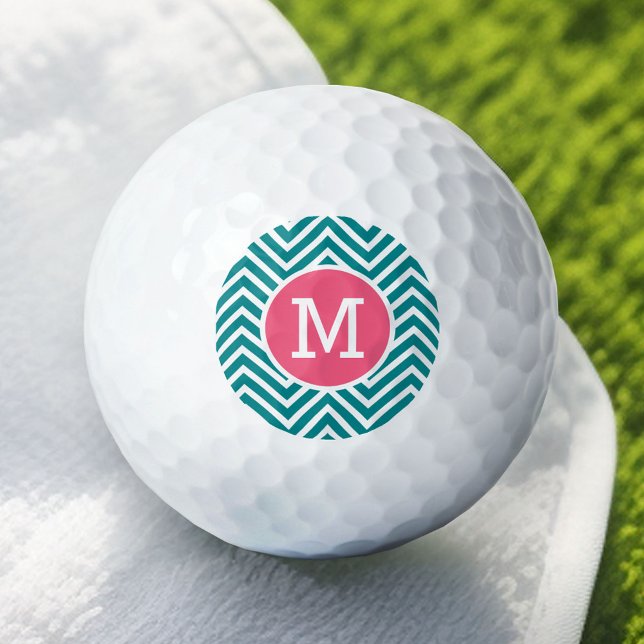 Girly Chevron Pattern with Monogram - Pink Teal Golf Balls (Custom Golf Balls)