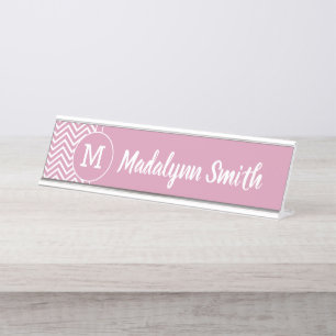 Girly Chevron Pattern with Monogram - Rose Pink Desk Name Plate