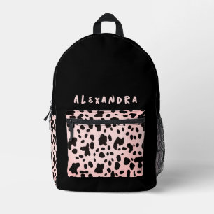 Girly Chic Black Pink Cow Animal Pattern Name Printed Backpack