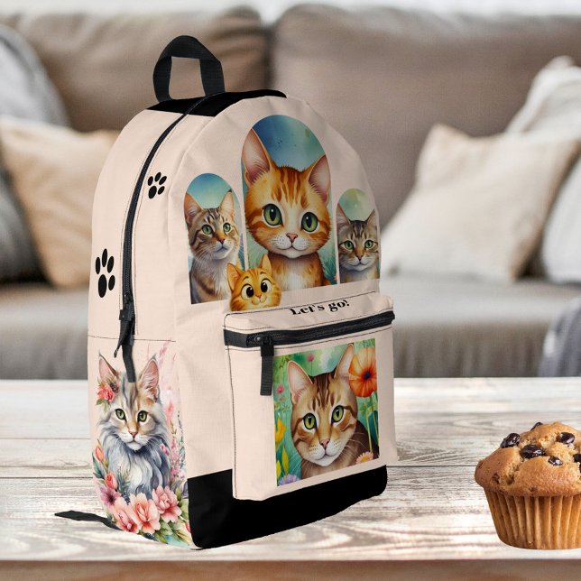 Girly Chic Crazy Cat Lady Printed Backpack (Backpack featuring cute cat illustrations (or your custom photos!).)